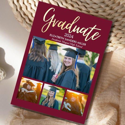 Red and Gold Script photos collage for graduated Folie Uitnodiging