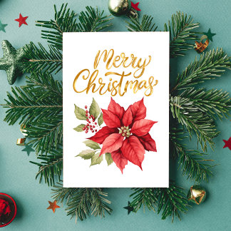 Red and Gold Simple Classic Poinsettia Feestdagen Kaart