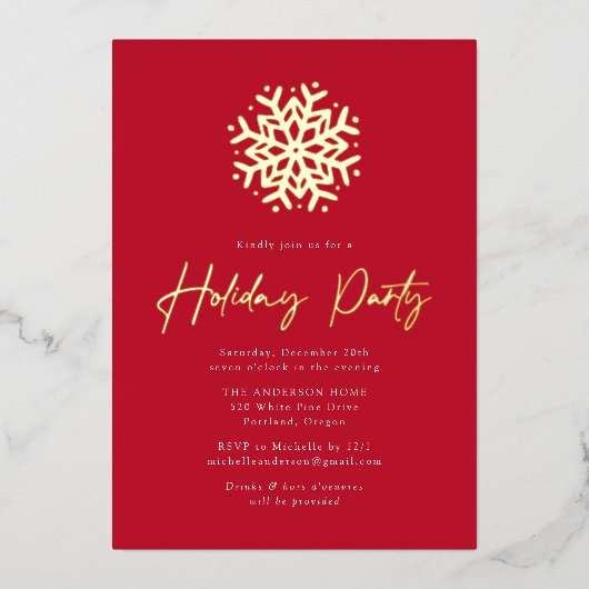 Red and Gold Simple Snowflake Holiday Party Folie Uitnodiging (Voorkant)
