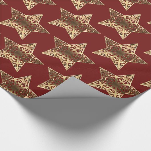 Red and Gold Stars Pattern Burgundy Kerstchic Cadeaupapier (Hoek)