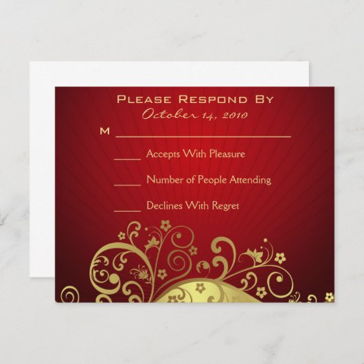 Red and Gold Swirl Reply Card RSVP Kaartje (Voorkant / Achterkant)
