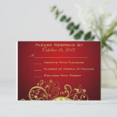 Red and Gold Swirl Reply Card RSVP Kaartje (Staand voorkant)