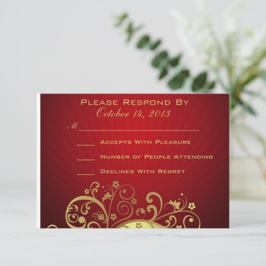 Red and Gold Swirl Reply Card RSVP Kaartje (Staand voorkant)