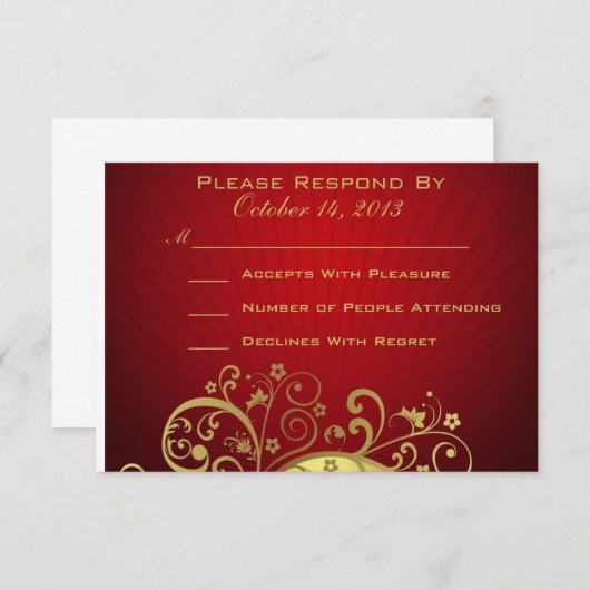Red and Gold Swirl Reply Card RSVP Kaartje (Voorkant / Achterkant)