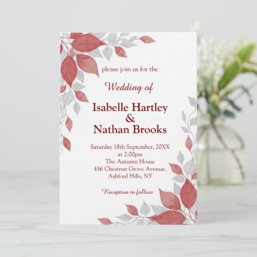 Red and Gray Fall Wedding Invitation Kaart (Staand voorkant)