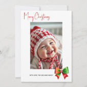 Red and green bow Merry Christmas photo Feestdagenkaart (Voorkant)