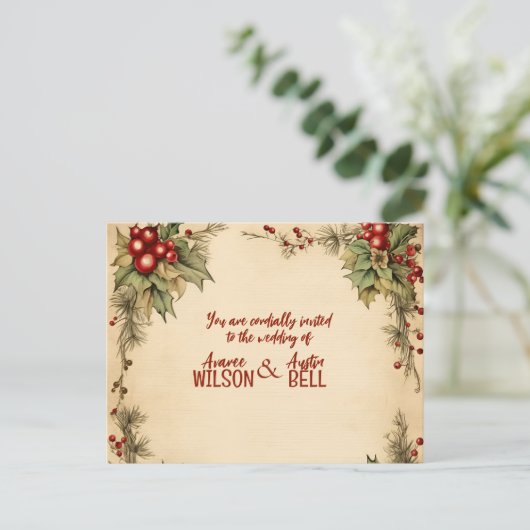 Red and Green Christmas Poinsettia Wedding Uitnodiging Briefkaart (Staand voorkant)