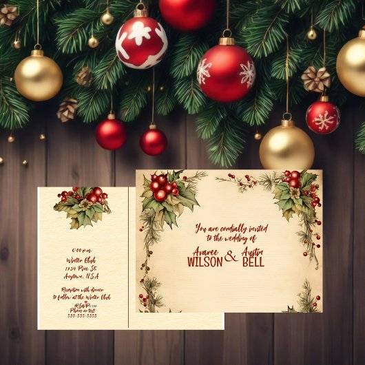 Red and Green Christmas Poinsettia Wedding Uitnodiging Briefkaart