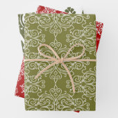 Red and Green Classic Damask Pattern Christmas Inpakpapier Vel (In situ)