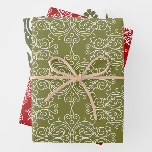 Red and Green Classic Damask Pattern Christmas Inpakpapier Vel (In situ)