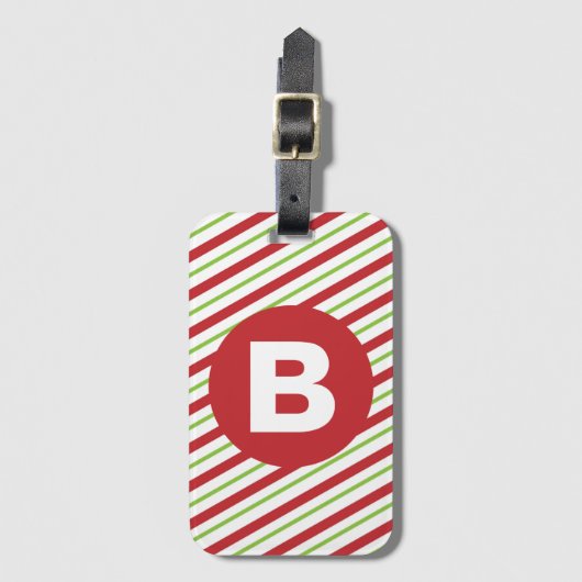 Red and Green Diagonal Pinstripes Monogram Bagagelabel (Voorkant (verticaal))