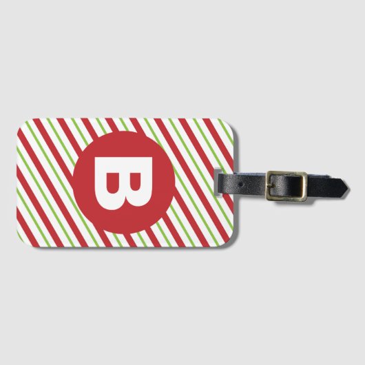 Red and Green Diagonal Pinstripes Monogram Bagagelabel (Voorkant (horizontaal))