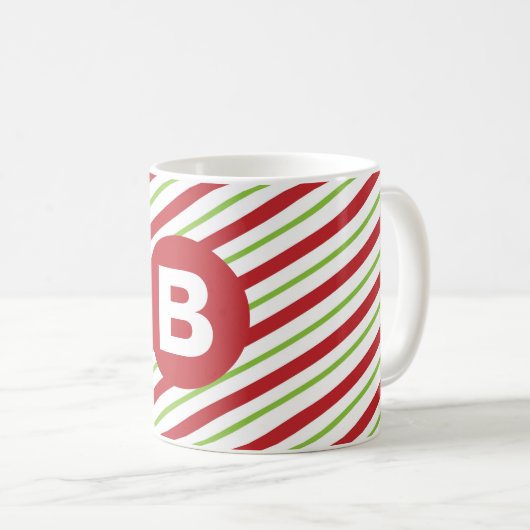 Red and Green Diagonal Pinstripes Monogram Koffiemok (Voorkant rechts)