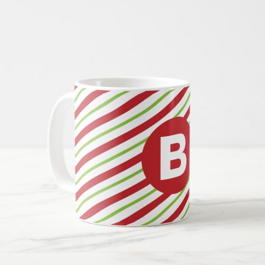 Red and Green Diagonal Pinstripes Monogram Koffiemok (Voorkant links)