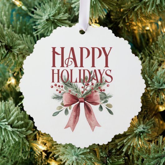 Red and Green Elegant Bow Greenery Happy Holidays Ornament Kaart (Insitu (Drie))