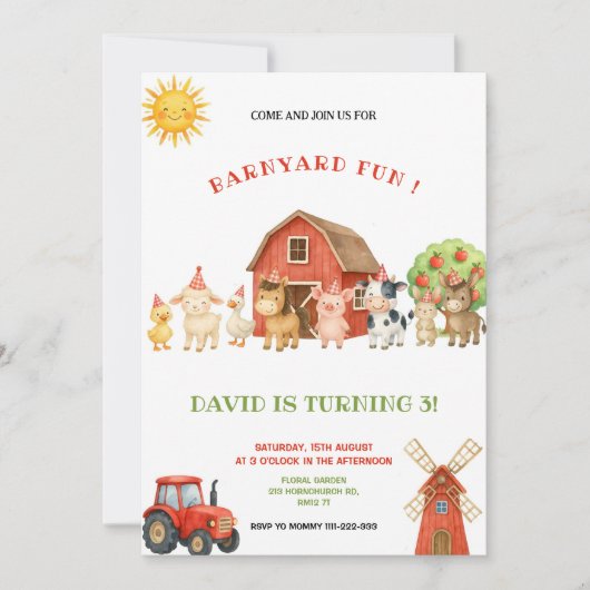 RED AND GREEN FARM BIRTHDAY PARTY INVITATION KAART (Voorkant)