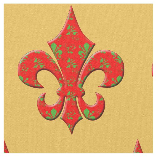 Red and Green Fleur de Lis Fabric Stof (Close Up)