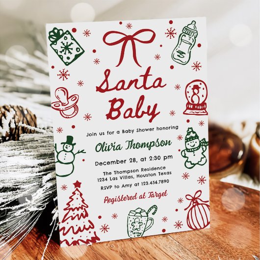 Red and Green Hand Drawn Christmas Baby Shower Kaart