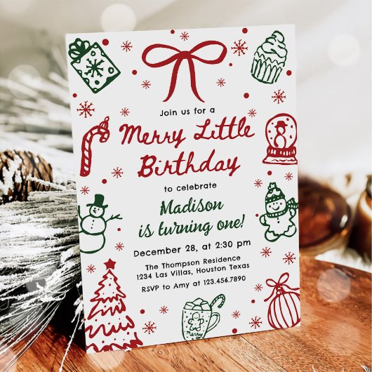Red and Green Hand Drawn Christmas Birthday Party Kaart