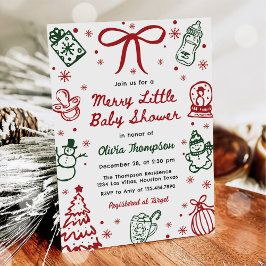 Red and Green Hand Drawn Merry Little Baby Shower Kaart