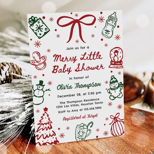Red and Green Hand Drawn Merry Little Baby Shower  Kaart