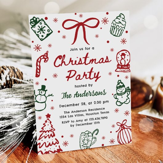 Red and Green Hand Drawn Quirky Christmas Party Kaart