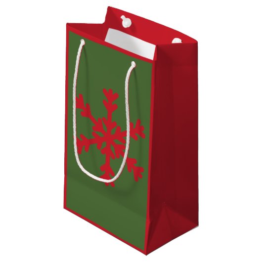Red and Green Holiday Snowflake Gift Bag Klein Cadeauzakje (Voorkant Gekanteld)