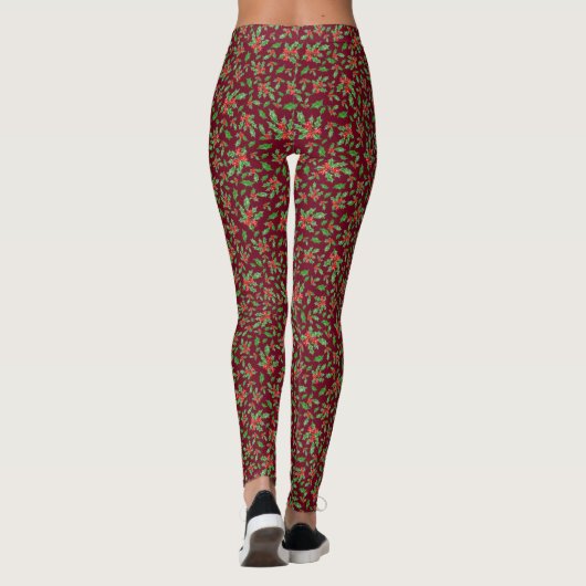 Red and green holly Christmas Patterned Leggings (Achterkant)