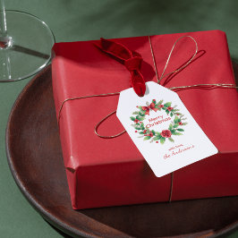 Red and Green Merry Christmas Watercolor Wreath Cadeaulabel