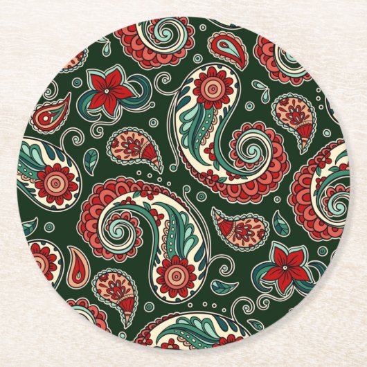 Red and Green Paisley Paper Coaster Ronde Kartonnen Onderzetter (Voorkant)