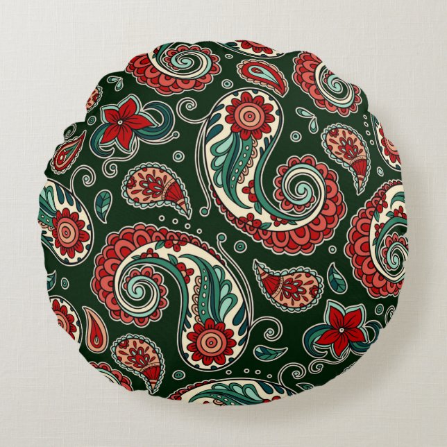 Red and Green Paisley Round Pillow Rond Kussen (Voorkant)