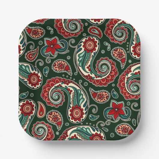 Red and Green Paisley Square Paper Plates Papieren Bordje (Voorkant)
