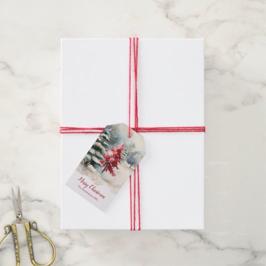 Red and Green Pine Trees Christmas Cadeaulabel (Met Touw)