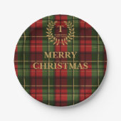 Red And Green Plaid Family Name Christmas Papieren Bordje (Voorkant)