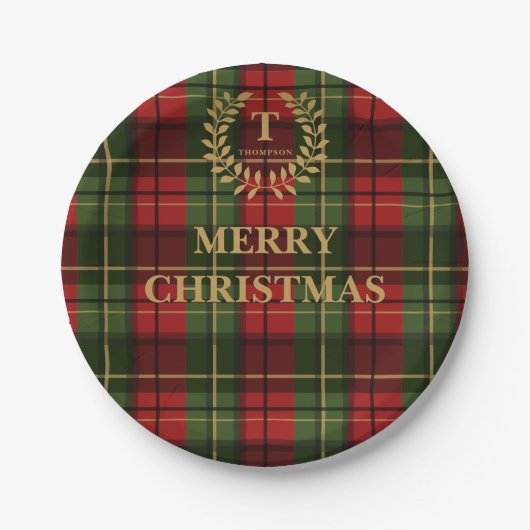 Red And Green Plaid Family Name Christmas Papieren Bordje (Voorkant)