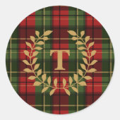 Red And Green Plaid Tartan Pattern With Monogram Ronde Sticker (Voorkant)