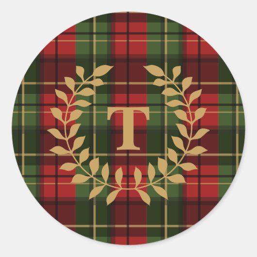 Red And Green Plaid Tartan Pattern With Monogram Ronde Sticker (Voorkant)