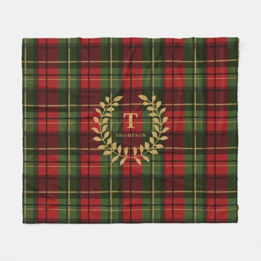 Red And Green Plaid With Custom Monogram Wreath Fleece Deken (Voorkant (Horizontaal))