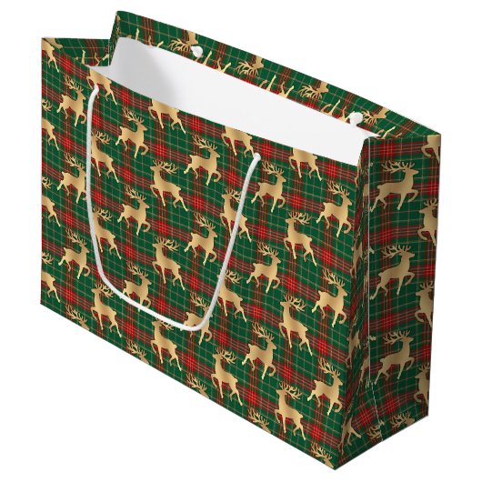 Red and Green Plaid with Faux Gold Reindeer Groot Cadeauzakje (Voorkant Gekanteld)