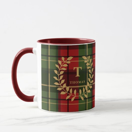 Red And Green Plaid With Monogram Wreath And Name Mok (Links)