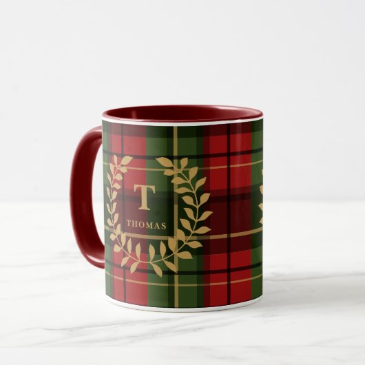 Red And Green Plaid With Monogram Wreath And Name Mok (Voorkant links)