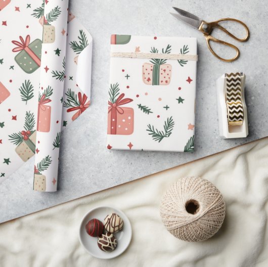 Red and Green Presents Pine Sprigs Christmas Gift  Cadeaupapier (Crafts)