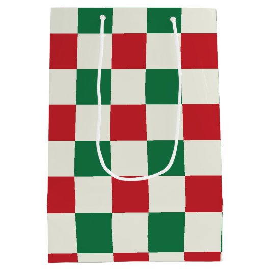 Red and Green Retro Holiday Check Pattern Medium Cadeauzakje (Achterkant)