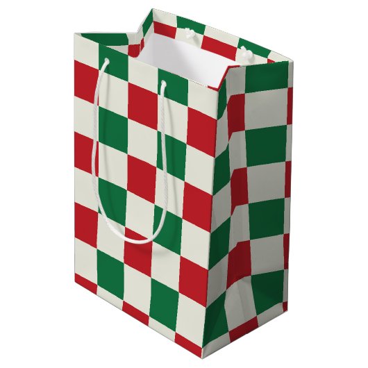 Red and Green Retro Holiday Check Pattern Medium Cadeauzakje (Achterkant Gekanteld)