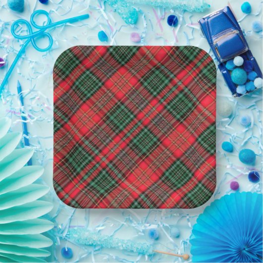Red and Green Scottish Diagonal Tartan Plaid Papieren Bordje (Feest)