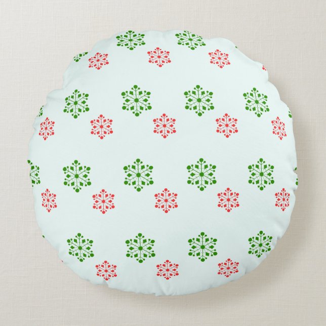 Red and Green Snowflake Pattern, Elegant Christmas Rond Kussen (Voorkant)