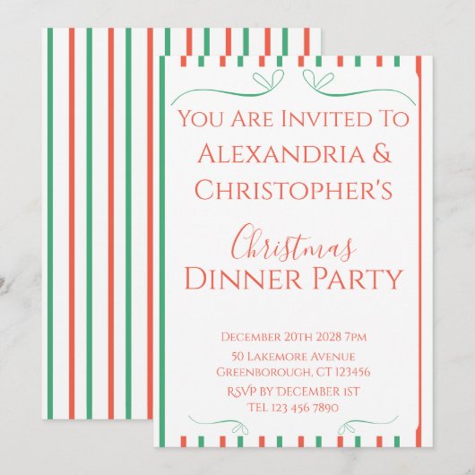 Red and Green Stripe Christmas Dinner Party Kaart (Voorkant / Achterkant)
