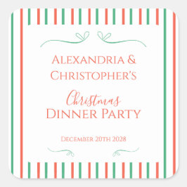 Red and Green Stripe Christmas Dinner Party Vierkante Sticker