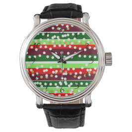 Red and Green Stripes Polka Dots Christmas  Horloge