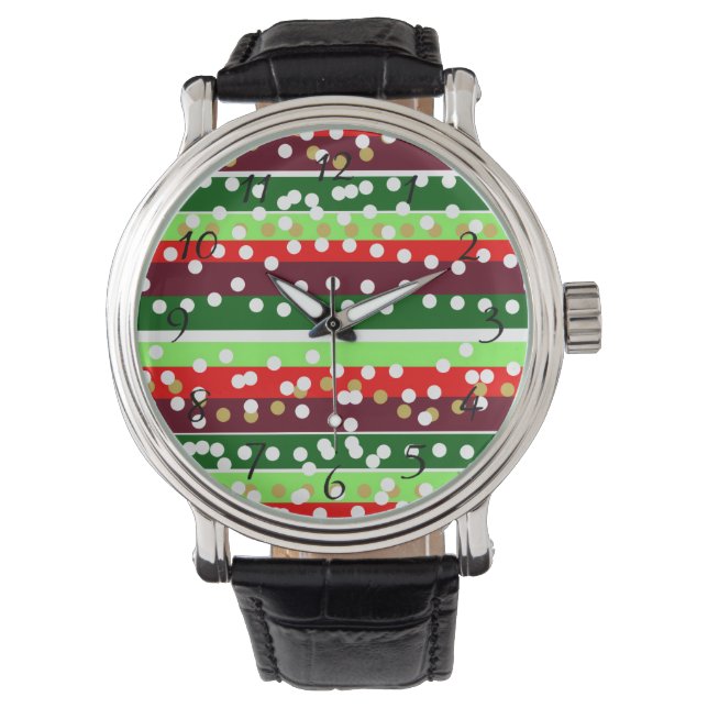 Red and Green Stripes Polka Dots Christmas  Horloge (Voorkant)
